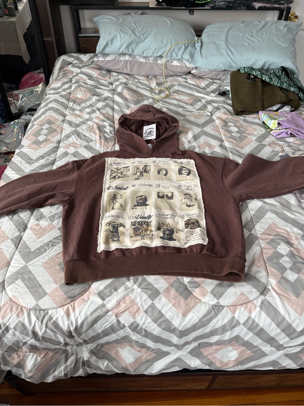 Saint Vanity Brown Graphic Hoodie with Cream Patchwork